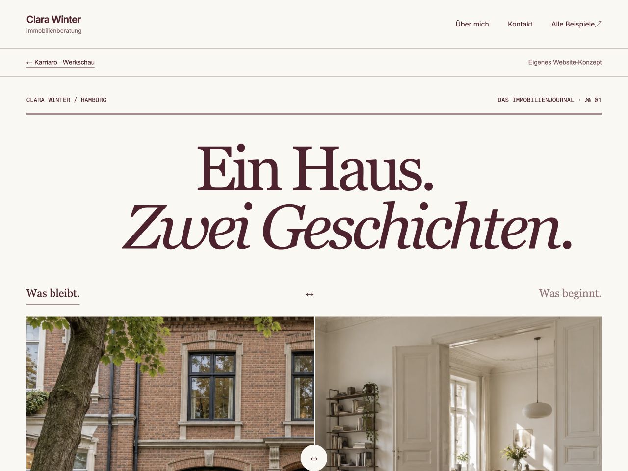 Tatsächliche Startseitenansicht der Website Clara Winter
