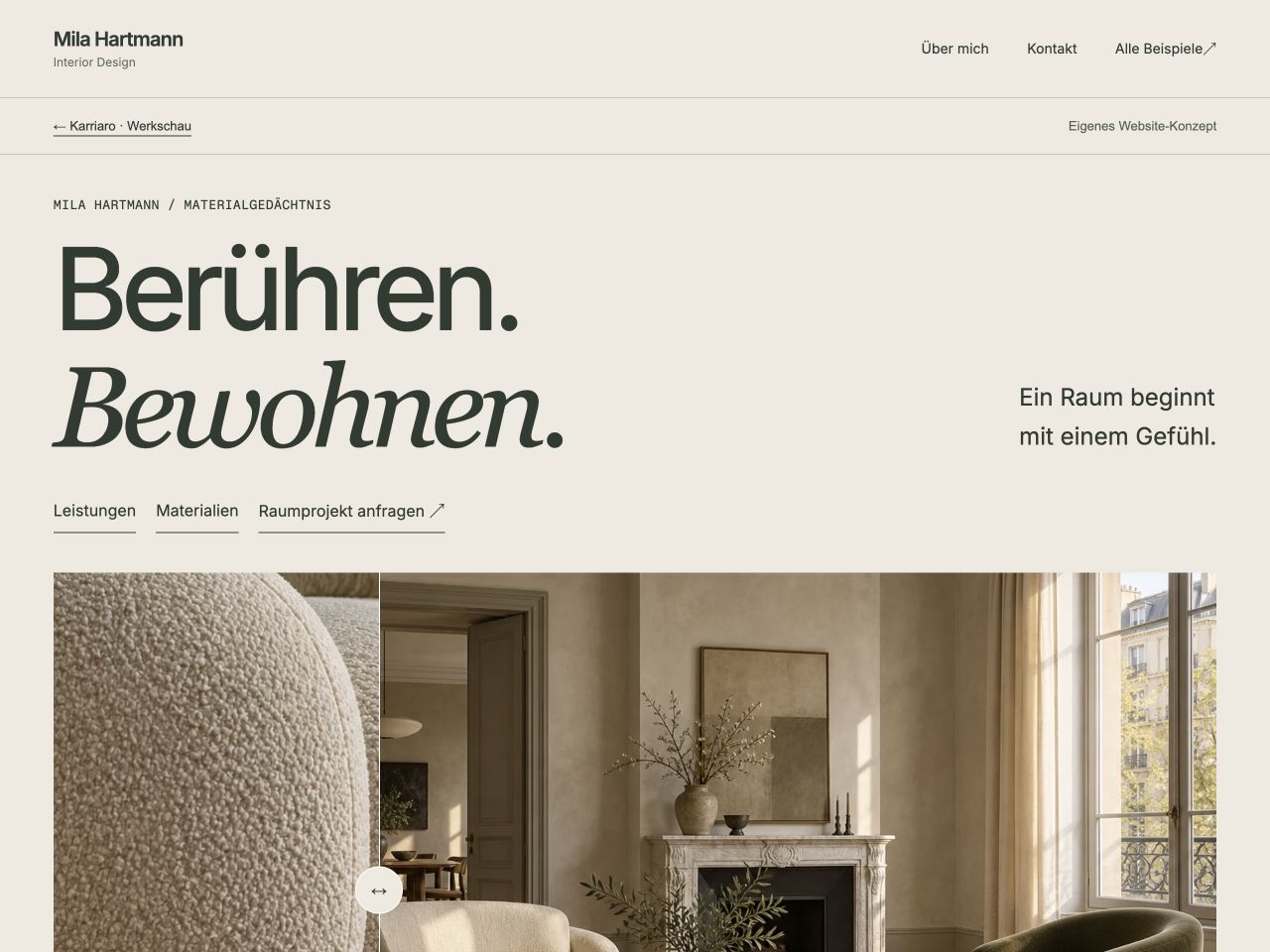 Tatsächliche Startseitenansicht der Website Mila Hartmann