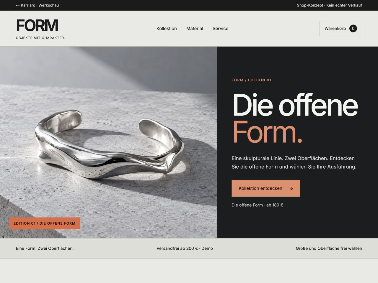 Onlineshop FORM mit Kollektion, Oberflächenwahl und Demo-Checkout