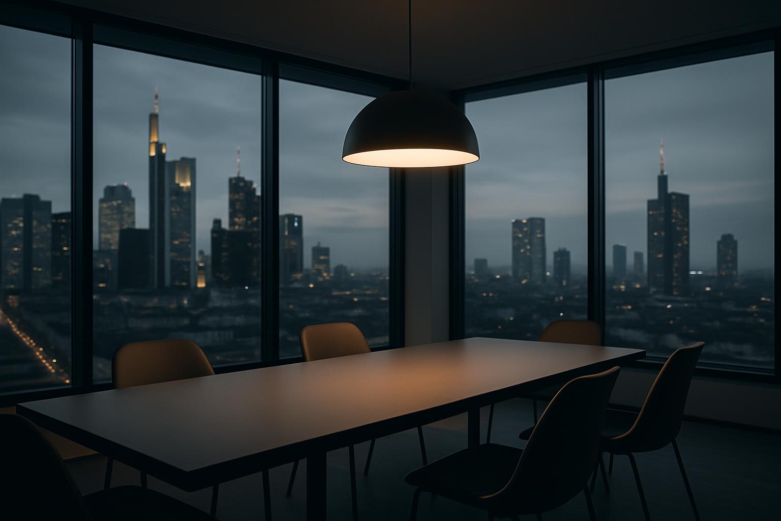 Führungs-Sparring — Editorial Meeting-Room mit Frankfurt-Skyline