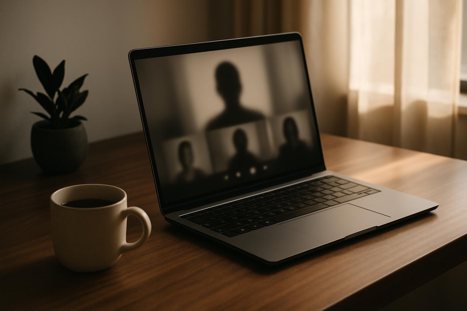 Online-Erstgespräch — Laptop auf Walnussschreibtisch