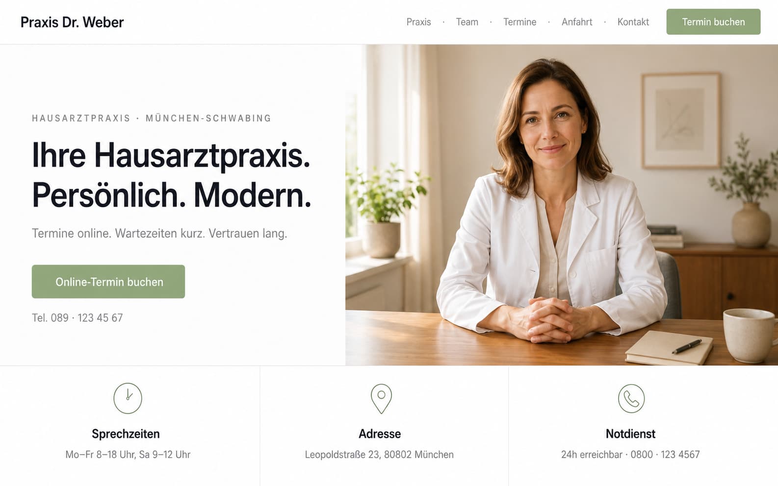 Website-Mockup für Praxis Dr. Weber — Hausarztpraxis mit Online-Terminbuchung