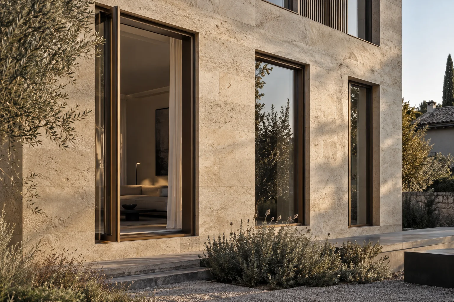 Architektonische Fassade mit klaren Linien und tiefen Fensterlaibungen