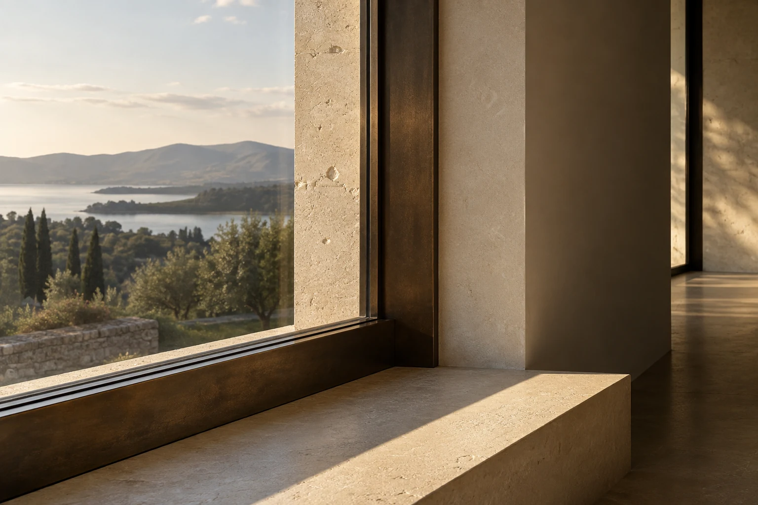 Nahaufnahme eines Fensters mit betonter Materialkante und einfallendem Licht