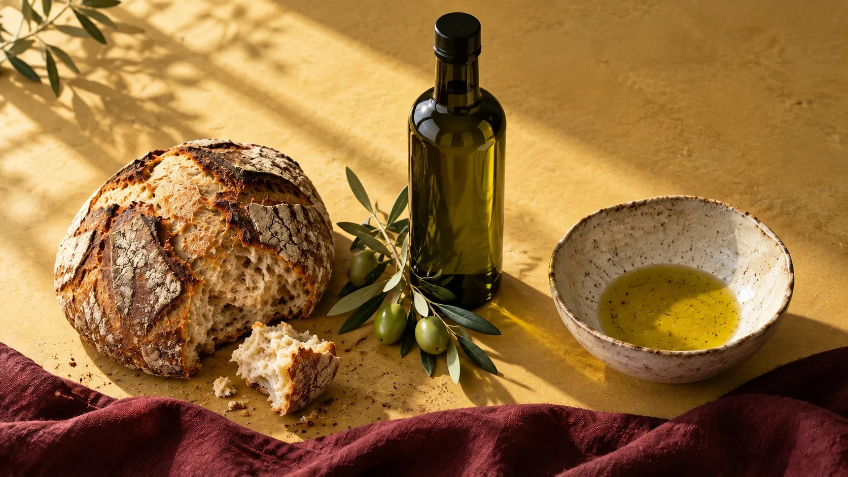 The evening table: sourdough bread, olive oil and a ceramic bowl on a yellow surface with burgundy linen.