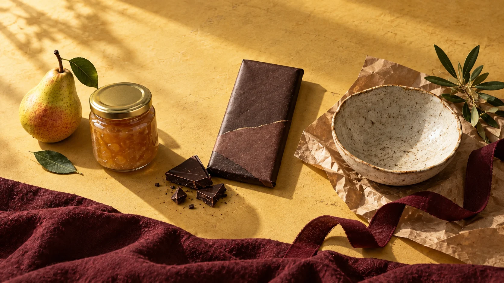 Three gifts on the table: pear preserve, dark chocolate and a ceramic bowl.