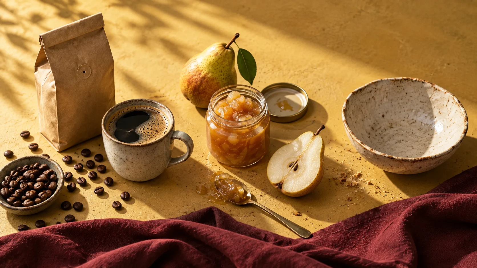 The breakfast table: coffee, pear preserve and a ceramic bowl in warm morning light.