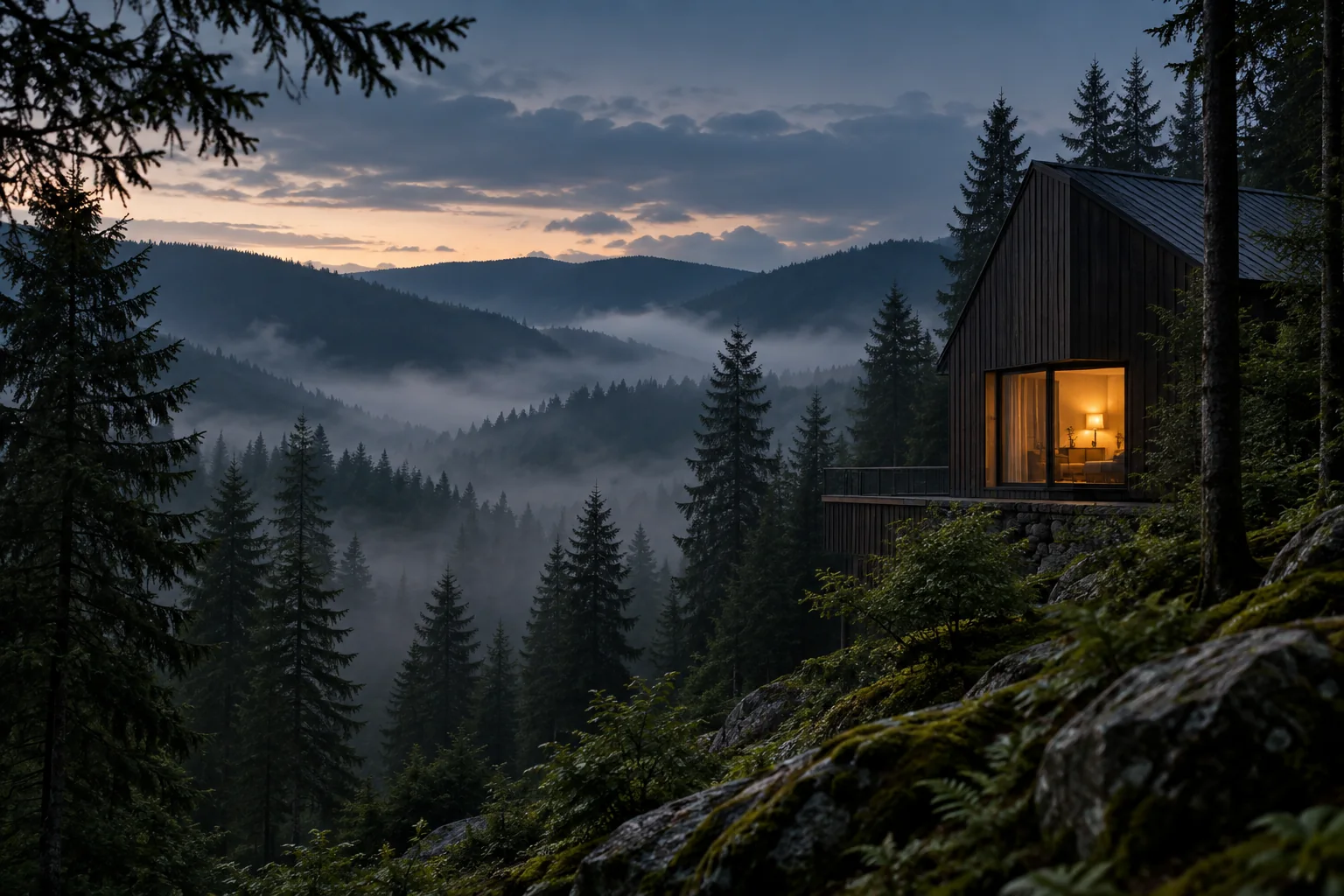 Ruhiges Holzhaus im nebligen Schwarzwald bei Abendlicht