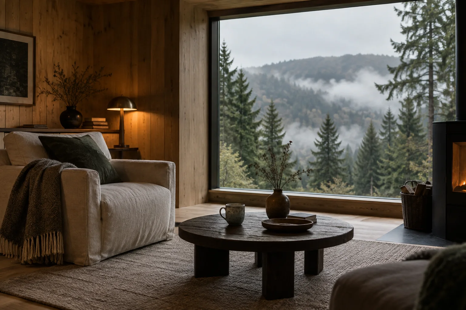 Wohnraum aus Holz mit weitem Blick in den nebligen Wald